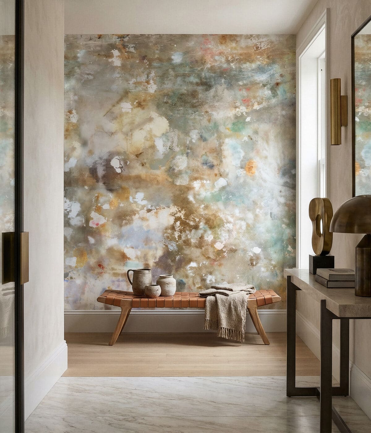 Editorial interior with a professionally finished wallpaper wall