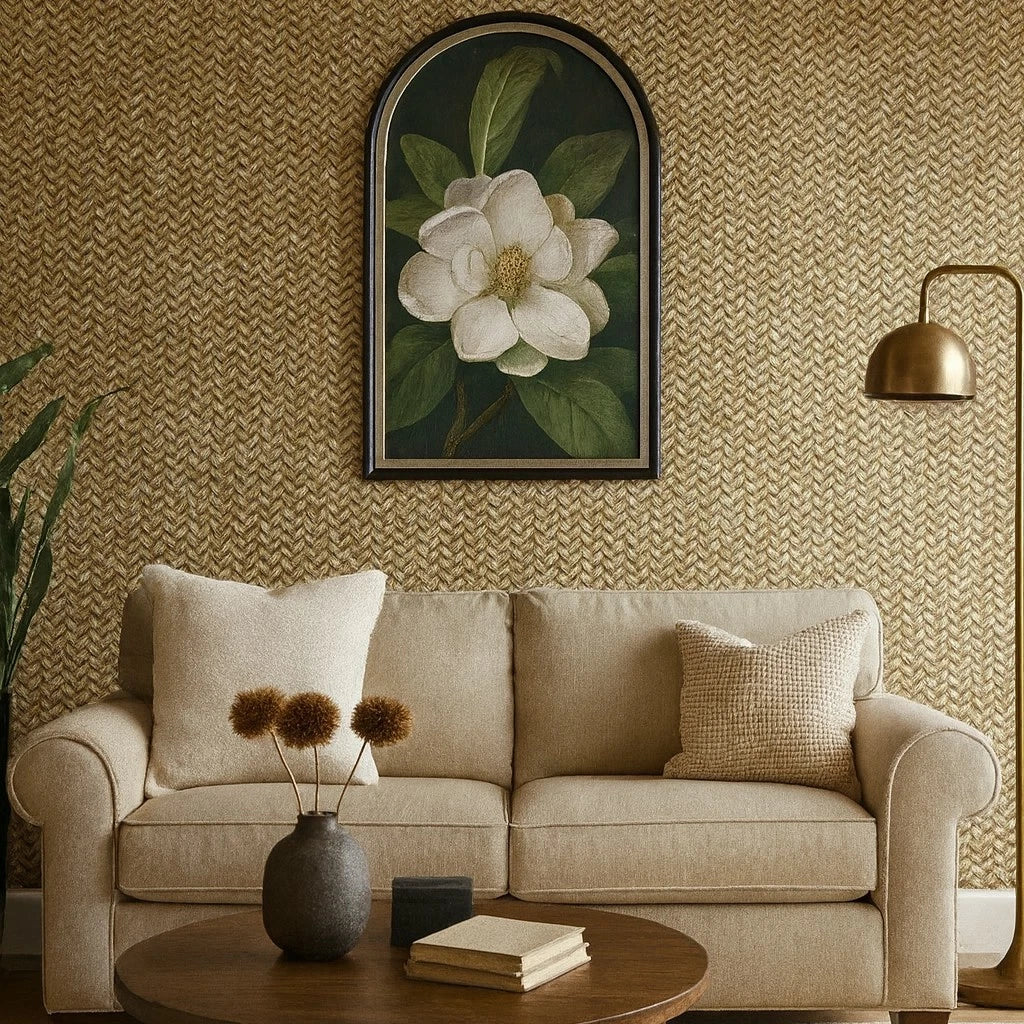 Textured wallcovering detail in a finished interior